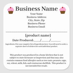 a business card with cupcakes on the front and bottom, in pink stickers