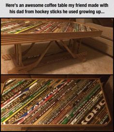 two pictures of a coffee table made out of magazines and wooden slats, with the same design on each side