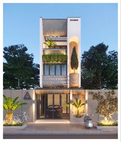 an artist's rendering of a modern apartment building with plants growing on the balconies