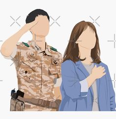 a man and woman in uniform standing next to each other with their hands on their foreheads