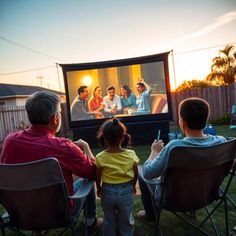 three people sitting in lawn chairs and watching a movie on the large screen outside at sunset