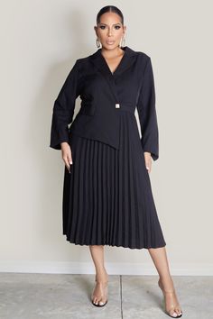 Elevate your style with our Chic Elegant Blazer Top Dress. This chic black dress features a tailored blazer top with long sleeves and a sophisticated front gold button detail. The pleated skirt adds a touch of graceful movement, making it perfect for both formal occasions and upscale events. A blend of classic elegance and modern flair, this dress ensures you stand out with effortless sophistication. 100% Polyester Bandage Jumpsuits, Chic Black Dress, Elegant Blazers, Tailored Blazer, Plus Size Jumpsuit, Plus Size Shopping, Shop Swimwear, Bandage Dress, Easy Wear