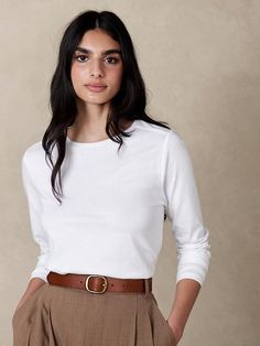 SUPIMA® Long-Sleeve T-Shirt | Banana Republic Effortless Elegance, Supima Cotton, Curator Style, Hip Length, V Shape, Leather Belt, Gold Finish, Antique Gold, Neck T Shirt