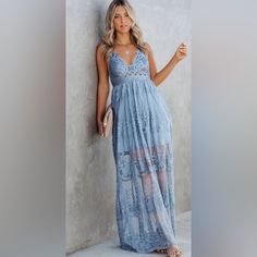 Beautiful Lace Boho Maxi Dress. Features Shorter Cut Dress Underneath The Lace - Stretchy With Adjustable Cross Back Straps- I Love This Dress But It Was A Little Big For Me Blue Lace Maxi Dress For Spring, Chic Blue Lace Maxi Dress, Spring Blue Lace Maxi Dress, Light Blue Lace V-neck Dress, Floor-length Maxi Dress With Lace Trim For Beach, Blue Bohemian V-neck Boho Dress, Beach Maxi Dress With Strappy Lace-up Back, Blue Lace V-neck Maxi Dress, Boho Lace Maxi Dress