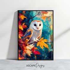 an owl sitting on top of a tree branch in front of a colorful forest background