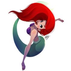 the little mermaid is flying through the air with her long red hair and blue eyes