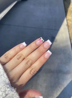 Cute Square Shaped Nails, French Tip Hello Kitty Nails, Hello Kitty Manicure, Paznokcie Hello Kitty, Nude Nail, Simple Acrylic Nails, Girly Acrylic Nails