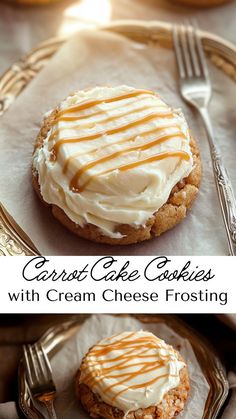 carrot cake cookies with cream cheese frosting are on a plate next to silverware