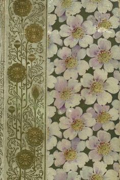 an old book with flowers on it and gold trimming around the edges, in front of a green background