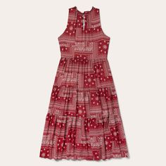 Crafted from soft, smooth 100% rayon, this women's Western-style sleeveless dress features our eye-catching allover Red Bandana Patchwork print. It has a fitted bodice with bust darts and ruffled stand collar, along with a three-tier ruffle skirt that is accented by side seam pockets. Finished with a self-button back closure and invisible zipper, it has an easy and elegant silhouette that works both for both daytime and evening occasions. 3 Tier Ruffle Skirt Fitted Bodice With Bust Darts And Ruf Red Sleeveless Viscose Dress, Red Sleeveless Printed Midi Dress, Rayon Sleeveless Dress For Day Out, Red Printed Sleeveless Midi Dress, Sleeveless Printed Red Midi Dress, Sleeveless Rayon Dress For Daywear, Sleeveless Red Printed Midi Dress, Red Sleeveless Rayon Maxi Dress, Sleeveless Red Rayon Maxi Dress