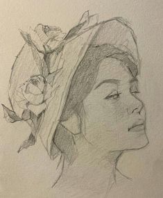 a drawing of a woman wearing a hat with roses on it's brim