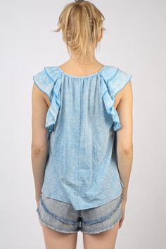 Introducing our latest addition, the Ruffled Washed Knit Blouse Top! Perfect for the lovely spring season, this sleeveless top features a round neck for a soft, feminine look. Ideal for a dinner out, this soft girlcore blouse adds a touch of fun and flair to any outfit. Fabric: 100% Rayon Cotton Tops With Ruffled Straps For Day Out, Spring Cotton Ruffled Tank Top, Spring Cotton Ruffle Tank Top, Spring Cotton Tank Top With Ruffles, Spring Cotton Tank Top With Ruffled Straps, Casual Cotton Top With Ruffled Straps, Casual Cotton Tops With Ruffled Straps, Spring Day Out Tops With Ruffled Straps, Trendy Cotton Ruffled Tank Top