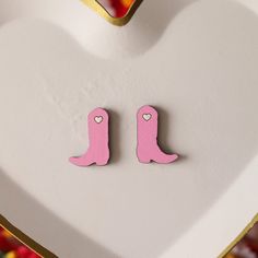 These earrings were laser cut on basswood then hand-painted! All our jewelry is sealed with a topcoat so they will last for years to come.The studs are hypoallergenic, nickel-free alloy. Pink Cowgirl Boot, Pink Cowgirl Boots, Pink Cowgirl, Cowgirl Boot, Cowgirl Boots, Laser Cut, Stud Earrings, Hand Painted, Pink