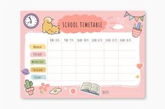 a pink school timetable with an image of a teddy bear and a book on it