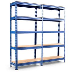 an empty blue metal shelving unit with three shelves and two wooden shelves on each side