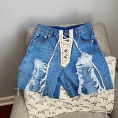 Lace Up Jean Shorts! Super Cute And Sexy Jean Shorts, They Lace Up The Front And Have Openings On The Leg For An Extra Sexy Look! The Jean Shorts Have A Zipper To Ensure The Lace Will Not Break. Never Worn! Chic High-cut Leg Bottoms For Summer, Casual High-cut Leg Spring Bottoms, Casual High-cut Leg Summer Pants, Straight Leg Denim Bottoms For Beach, Casual Blue High-cut Leg Bottoms, Casual High-cut Leg Bottoms For Beach, Upcycle Clothing, Vintage Mom, Black Jean Shorts