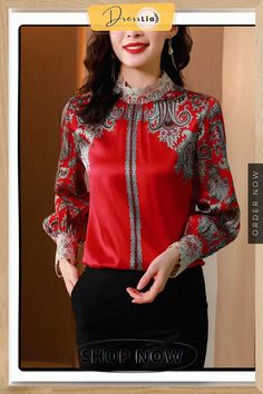 Back to School Outfit Fashion Printed Silk Shirt Women's Spring New Temperament High-end Embroidered Shirt Stand-up Collar Long-sleeved Top Elegant Long Sleeve Shirt With Floral Embroidery, Elegant Red Tops With Floral Embroidery, Elegant Long Sleeve Embroidered Shirt, Elegant Red Embroidered Tops, Embroidered Stand Collar Top For Fall, Fall Embroidered Top With Stand Collar, Elegant Long Sleeve Embroidered Blouse, Elegant Red Embroidered Blouse, Fall Floral Embroidery Tops With Stand Collar