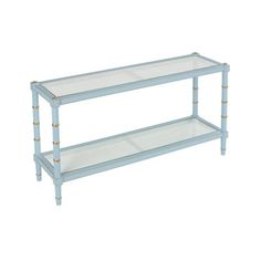 a blue and white shelf with two glass shelves on each side, against a white background