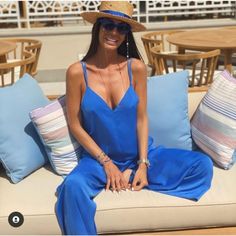 New With Tag Blogger’s Favorite Chic V-neck Jumpsuits And Rompers For Beach Season, Chic One-piece Jumpsuits And Rompers For Loungewear, Blue Jumpsuits And Rompers For Spring Beach Outing, Blue Jumpsuits And Rompers For Beach In Spring, Blue Summer Vacation Jumpsuits And Rompers, Spring Beach Blue Jumpsuits And Rompers, Elegant Jumpsuits And Rompers For Vacation, Elegant Overall Jumpsuits And Rompers For Vacation, Elegant Vacation Overalls And Rompers