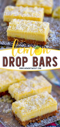 lemon drop bars on a plate with the words lemon drop bars in front of them