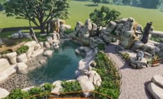 an artist's rendering of a rock garden in the shape of a pond and waterfall