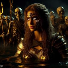 a woman standing in the water surrounded by skulls and other demonic looking creatures, with her eyes closed