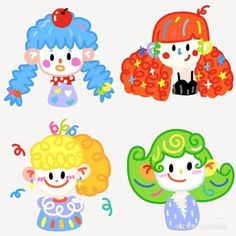 four cartoon clowns with different hair colors