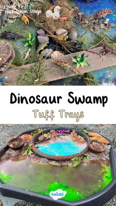 Dinosaur tuff trays! Create a lovely dinosaur swamp sensory play tray. For more dinosaur ideas click on the pin! Special thanks to @mrslikeshappyplace Chelsea Caffyn Dinosaur Tuff Tray Ideas, Dinosaur Tuff Tray, Dinosaurs Eyfs, Dinosaur Week, Dinosaur Ideas, Tuff Tray Ideas, Dinosaur Activities Preschool, Dinosaurs Preschool, Early Years Foundation Stage