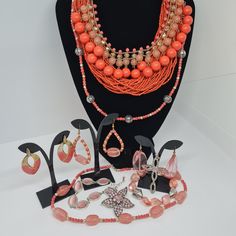 Pink and orange-tone jewelry lot. Vintage to now all wearable. 11 items for wear, photo session, or craft. Condition- good vintage. Some have discoloration or scratches. Jewelry lot weight without packing- 344 g/0.76 pounds. The jewelry lot consists of: 2 pair of earrings, 3 necklaces, 1 brooch, 1 cross pendant, 1 set with gemstones- necklace+earrings, 2 bracelet. Vintage jewelry may show signs of wear, discoloration & may need cleaning. Maybe you want to see other jewelry lots too: https://www. Orange Costume Jewelry Necklace For Party, Handmade Coral Jewelry For Party, Vintage Coral Round Bead Jewelry, Vintage Orange Jewelry For Party, Orange Beaded Party Jewelry, Orange Round Beads Jewelry For Party, Orange Round Beads Party Jewelry, Orange Round Beads Costume Jewelry, Vintage Peach Jewelry For Gifts