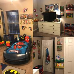 this is a kid's bedroom decorated in batman and spider - man theme, including the bed