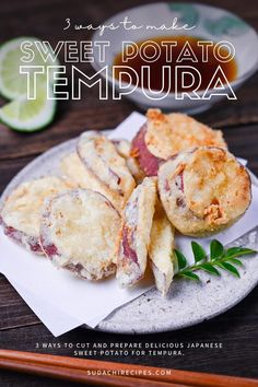 sweet potato tempura on a plate with chopsticks