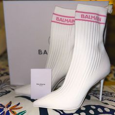 Stretch Knit Sock-Style Skye Ankle Boots Limited Edition, Released For Barbie Movie New With Tags - Never Worn 9.5 Cm / 3.7 In White Lacquered Heel Pointed Toe Leather Sole Pink Balmain Logo On Ankle Fits True To Size: 8 - 8.5 Usual Size Main Main Material: Polyester, Polyamide, Elastane Made In Italy ** Comes Brand New In Balmain Packaging, With Box, Dust Bag, Authentication Card, Receipt From Neiman Marcus, And Heel Tip Replacements** They Are Stunning! Channel Your Inner Barbie. Selling These Designer Boots For Women, White High Ankle Fitted Heels, White Fitted High Ankle Heels, Luxury White Boots For Fall, Luxury White Winter Boots, Designer Fitted White Boots, Designer High Heel White Boots, Designer White Boots For Spring, Designer White Pointed Toe Boots