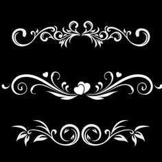 two white hearts and swirls on a black background, set of three different designs