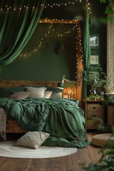 a bedroom with green curtains and lights on the ceiling, bedding is made up