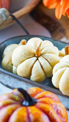 several small pumpkins sitting in a blue dish on a table next to an orange flower