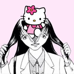 a drawing of a woman with a hello kitty on top of her head and hair