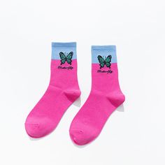 Product information: Fabric name: Cotton Main fabric composition: Cotton The content of the main fabric ingredient: 80 (%) Product category: cotton socks Style: all-match Process: Jacquard Function: Breathable Suitable season: autumn Pattern: Color matching butterfly Thickness: medium Color: AY color matching butterfly black, AY color matching butterfly blue, AY color matching butterfly yellow, AY color matching butterfly powder, AY color matching butterfly green, AY color matching butterfly orange, AY color matching butterfly white, AY color matching butterfly purple size: one size Packing form: bagged Tube height: middle tube Packing list: Sock x1 Comfortable Cotton Knee-high Socks For Spring, Trendy Letter Print Cotton Socks, Trendy Cotton Letter Print Socks, Trendy Cotton Socks With Letter Print, Trendy Cotton Socks For Spring, Casual Cotton Letter Print Socks, Trendy Purple Cotton Socks, Trendy Winter Cotton Socks, Pink Casual Winter Socks