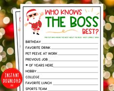 a printable christmas party game for kids with santa clause on it and the words, who knows the boss's best?