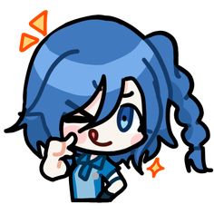 a drawing of a girl with blue hair and an orange star around her neck, looking to