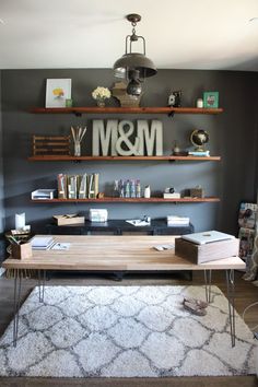 a living room filled with furniture and shelves