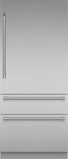 a stainless steel refrigerator freezer with two drawers