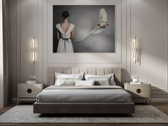 a bedroom with a large painting on the wall and a bed in front of it