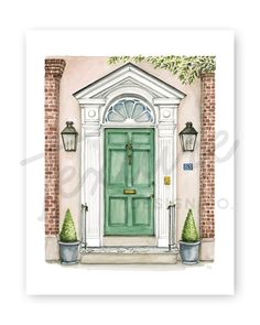 a watercolor painting of a green door with potted plants on the front porch