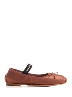 Brown bronze satin flat shoes with elastic band with logo from Miu Miu. Flat Shoes For Women, Versace Designer, Best Wallet, Ballerina Shoes, Scarf Jewelry, Wallet Bag, Pump Sandals, Small Leather Goods, Shoes For Women