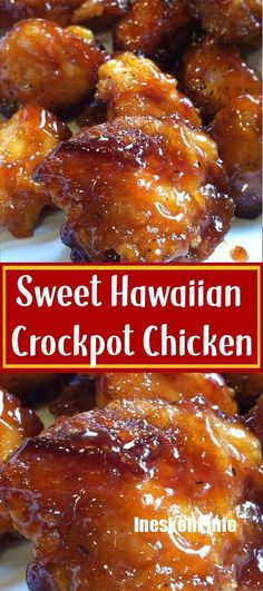 sweet hawaiian crockpot chicken on a white plate with text overlay that reads, sweet hawaiian crockpot chicken