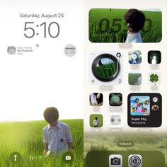 an image of a child in the middle of a field with green grass and pictures on it