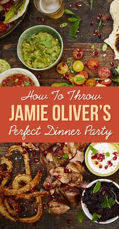 the cover of how to throw jamie ollver's perfect dinner party, with lots of food