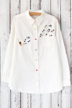 Guitar Embroidered White Shirt White T Shirt Embroidery Ideas, Embroidered White Shirt, Shirt Collar Embroidery, Cute Blouses For Women, Cotton Kurti Designs, Embroidered Chiffon, Kurti Designs Party Wear, Sewing Embroidery Designs