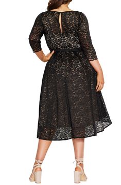 Elegant allover lace brings modern charm to this A-line outfitted with a belted waist and high-low hem. 39" length Jewel neck Three-quarter sleeves Lined 95% nylon, 5% elastane with 100% polyester contrast Hand wash, dry flat Imported Belted Lace Dress For Party, Lace Belted Dress For Party, Belted Lace Party Dress, Chic Lace Belted Dress, Chic Belted Lace Dress, Party Dresses With Lace Trim And 3/4 Sleeves, Party Dress With 3/4 Sleeve And Lace Trim, Formal Belted Lace Dress, Formal Lace Belted Dress