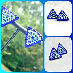 Triangle stud earrings made with royal blue, turquoise and yellow color high-quality Japanese Miyuki seed beads.Very lightweight, only 0-14oz. Double layered.Suitable for any occasion.Pictures are taken inside and outside.Due to different light sources, colors may look different.If you would like additional pictures, please don't hesitate to reach out. Pink Hoop Earrings, Cloud Ring, Triangle Stud Earrings, Crescent Moon Ring, Earrings Patterns, Bamboo Coral, Triangle Earrings Stud, Triangle Studs, Moon Ring